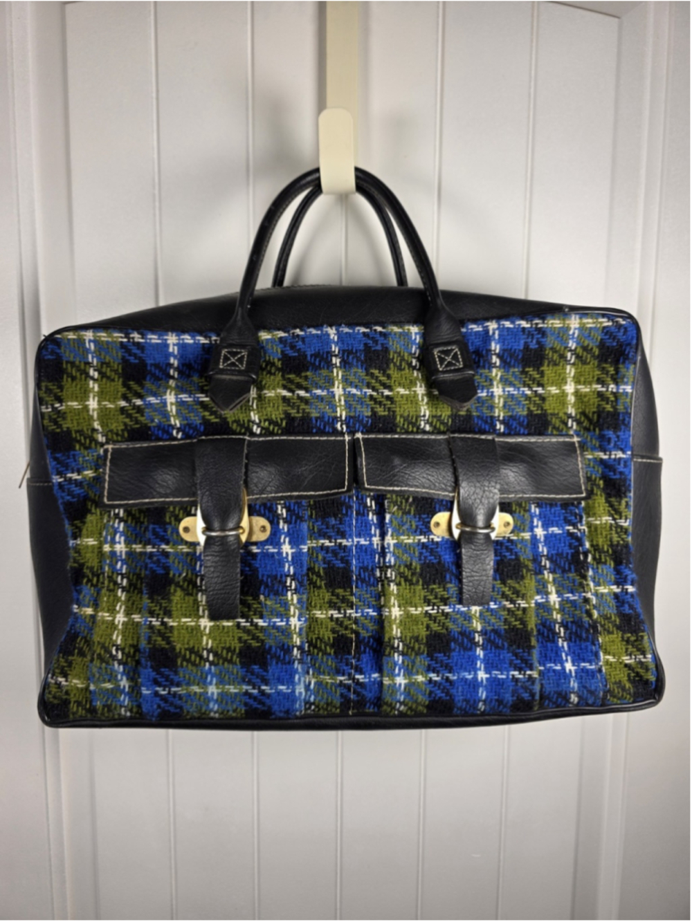 Vintage Wool Plaid Weekender Bag Blue Green Tartan Overnight Travel Carry On